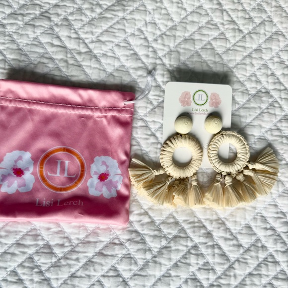 Lisi Lerch Cream Raffia Tassel Fringe Hoop Earrings| Natural Straw NWT - Picture 5 of 5